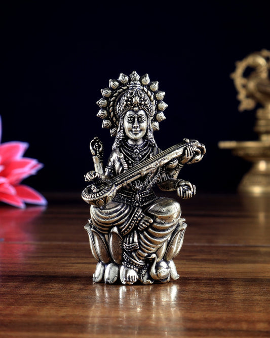 Brass Superfine Goddess Saraswati Miniature Idol 2.5 inch - Budhshiv.com