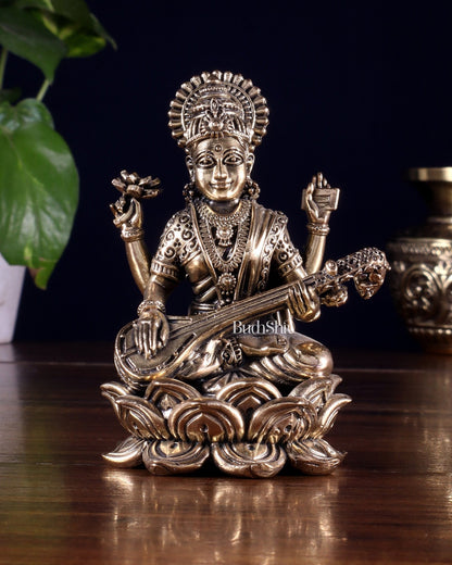 Brass Superfine Goddess Saraswati on Lotus Idol 4 inch - Budhshiv.com