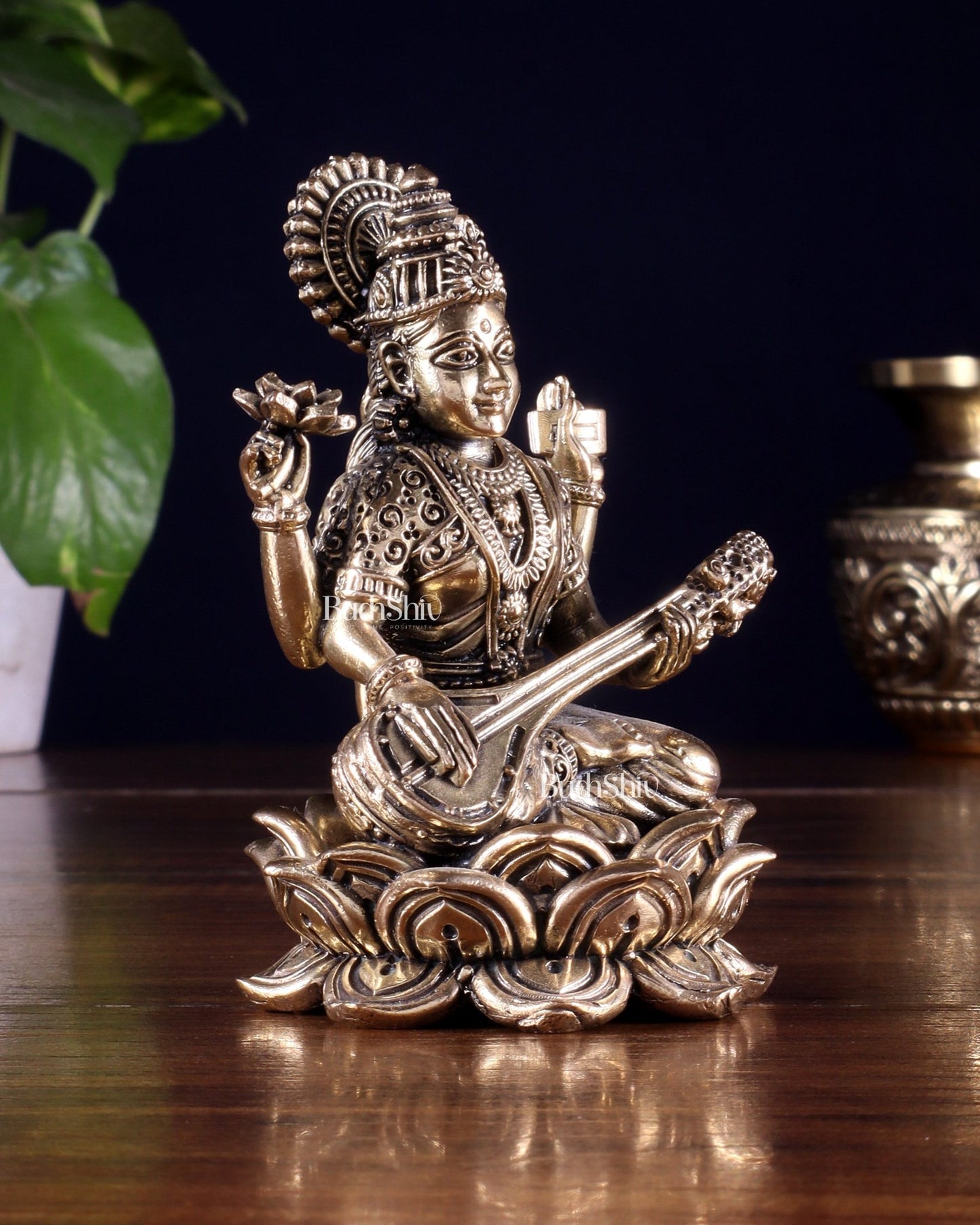 Brass Superfine Goddess Saraswati on Lotus Idol 4 inch - Budhshiv.com