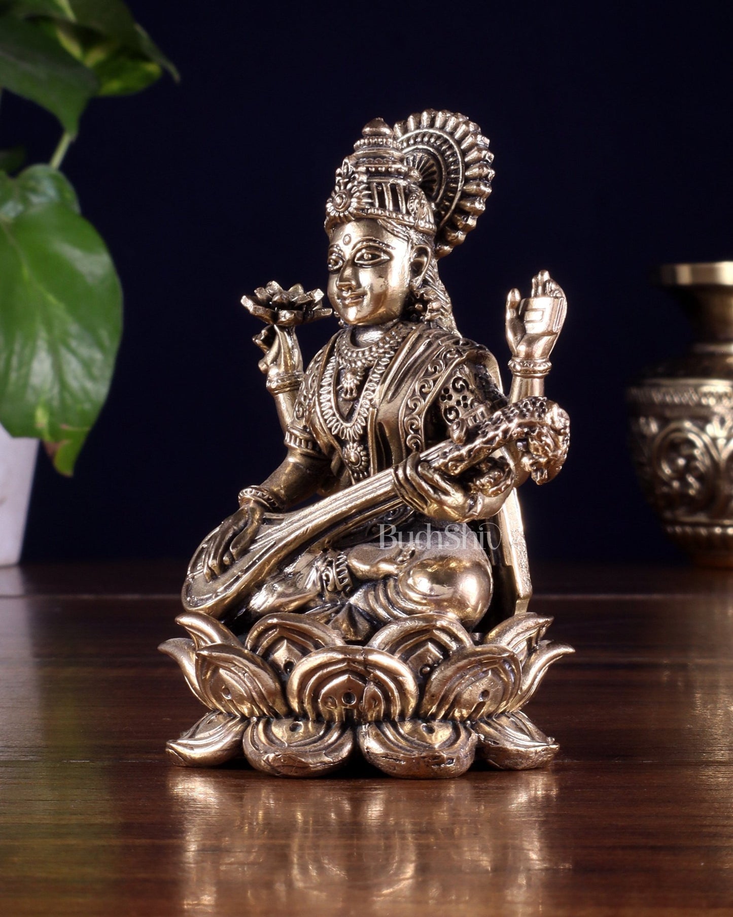 Brass Superfine Goddess Saraswati on Lotus Idol 4 inch - Budhshiv.com