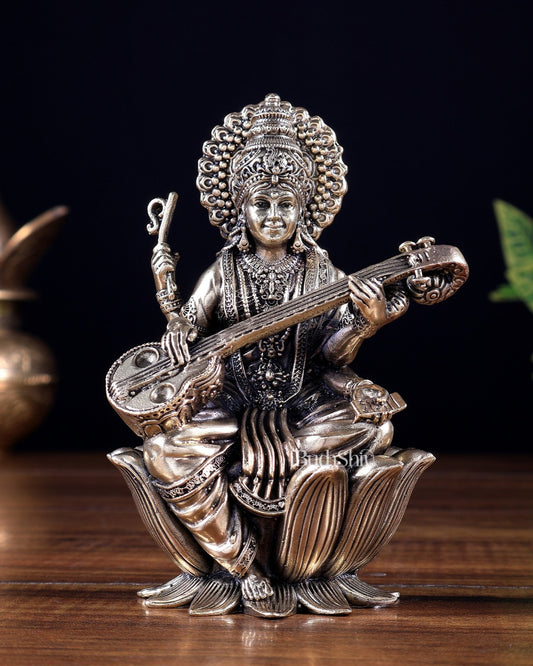 Brass Superfine Goddess Saraswati on Lotus Idol 5 inch - Budhshiv.com