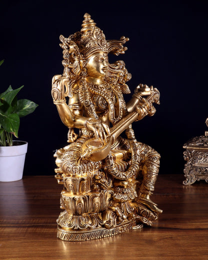 Brass Superfine Goddess Saraswati Statue – 15 Inch - Budhshiv.com