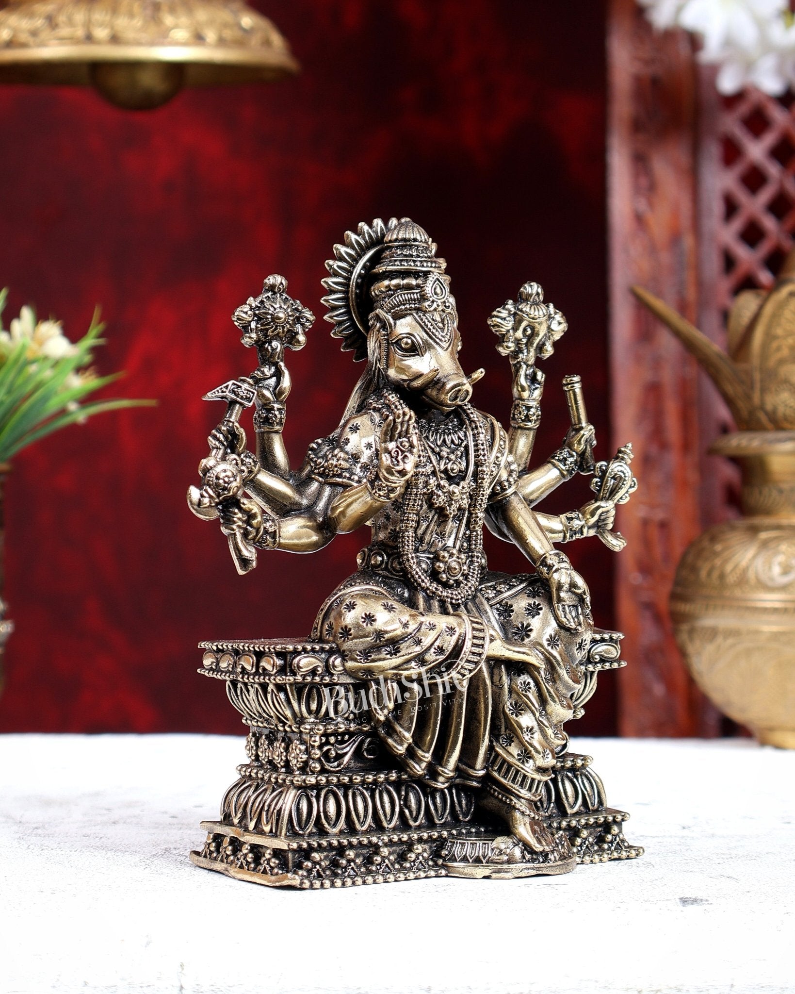 Brass Superfine Goddess Varahi Amman Idol – Hollow Cast with Intricate Carvings 6 inch - Budhshiv.com