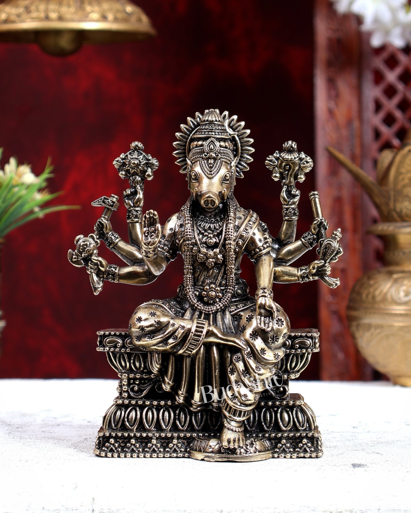 Brass Superfine Goddess Varahi Amman Idol – Hollow Cast with Intricate Carvings 6 inch - Budhshiv.com