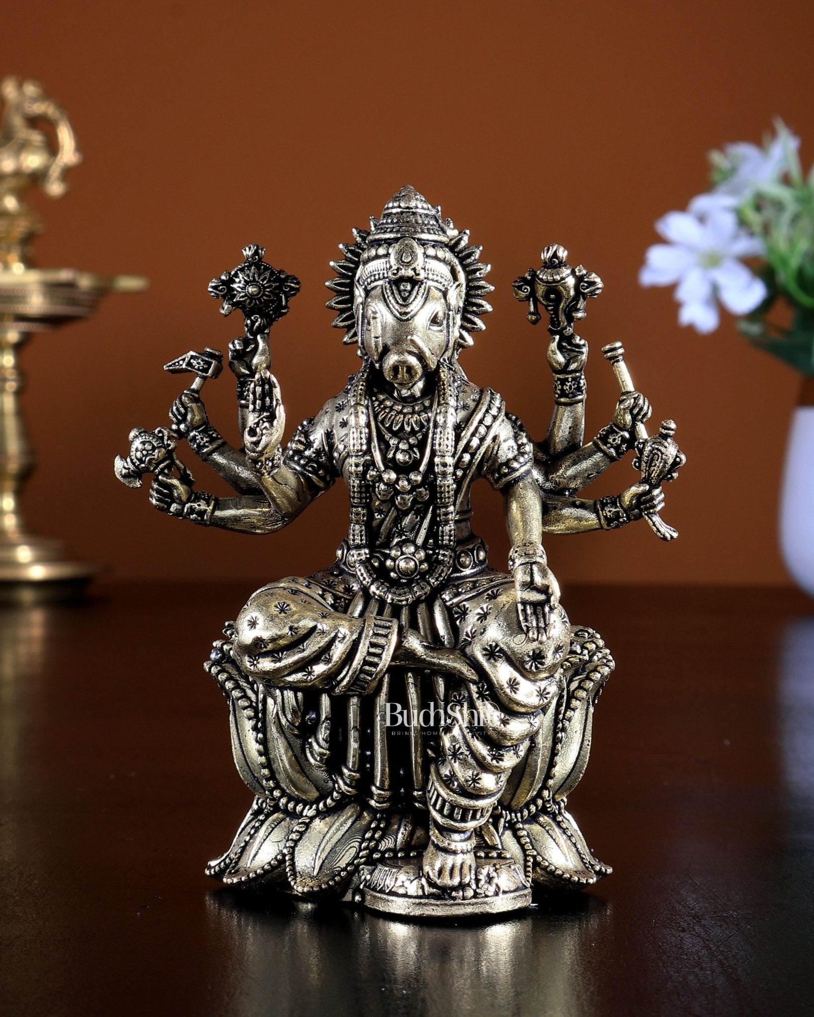 Brass Superfine Goddess Varahi on Lotus Idol – Sacred Shakti 4 inch - Budhshiv.com