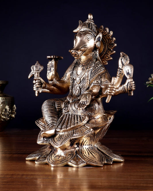 Brass Superfine Goddess Varahi Statue with Fine Carvings – 21.5 cm (8.5 in) - Budhshiv.com
