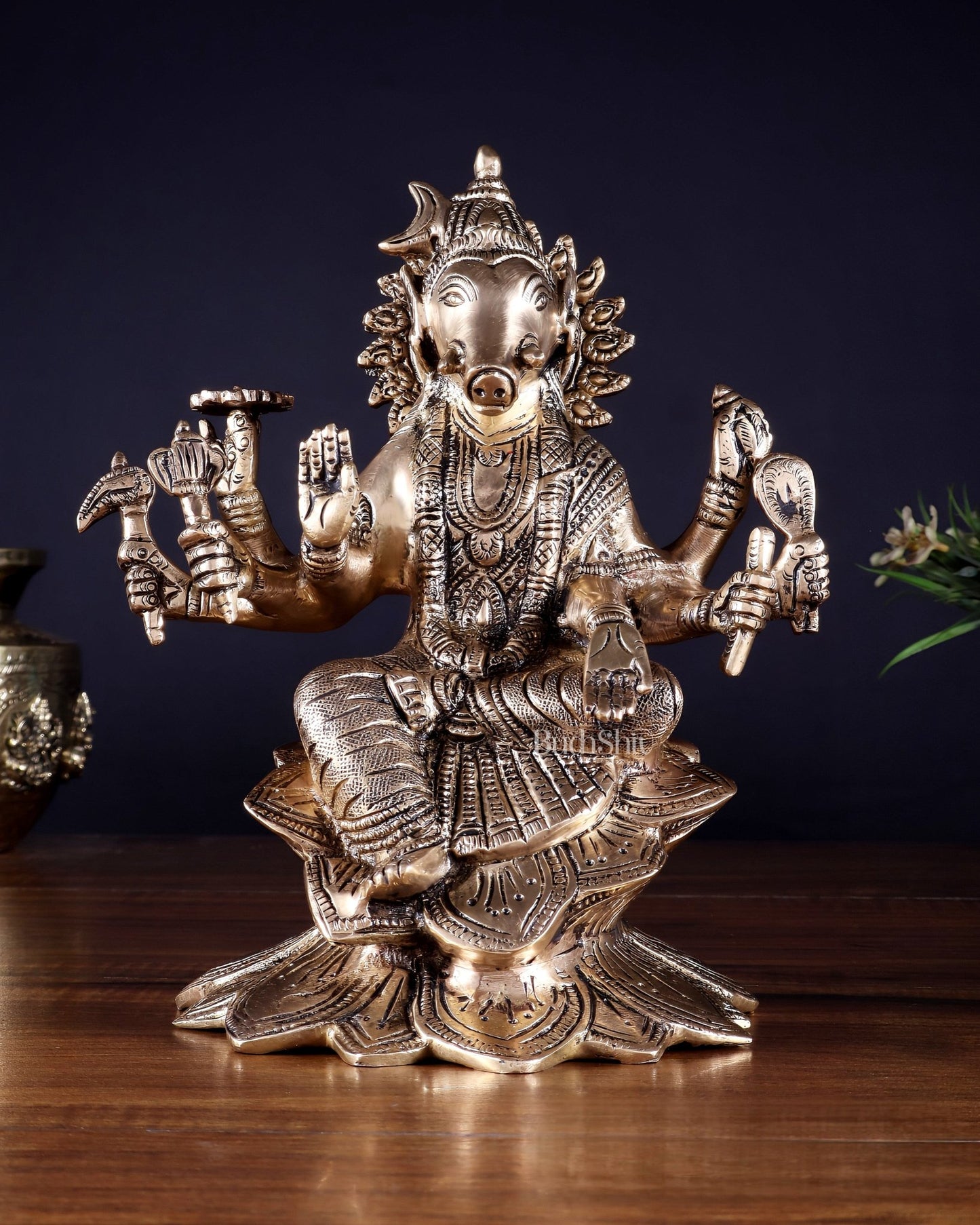 Brass Superfine Goddess Varahi Statue with Fine Carvings – 21.5 cm (8.5 in) - Budhshiv.com