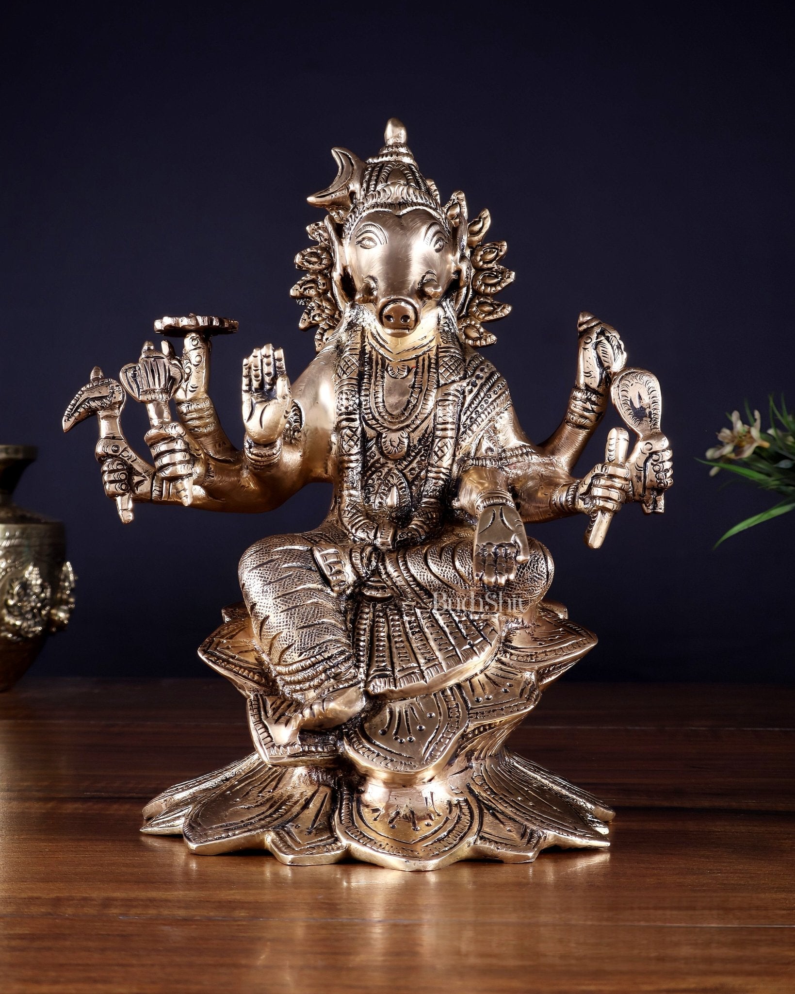 Brass Superfine Goddess Varahi Statue with Fine Carvings – 21.5 cm (8.5 in) - Budhshiv.com