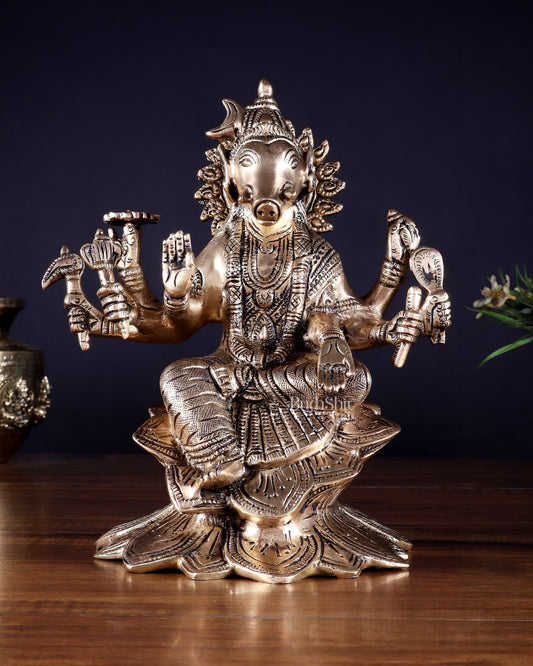 Brass Superfine Goddess Varahi Statue with Fine Carvings – 21.5 cm (8.5 in) - Budhshiv.com
