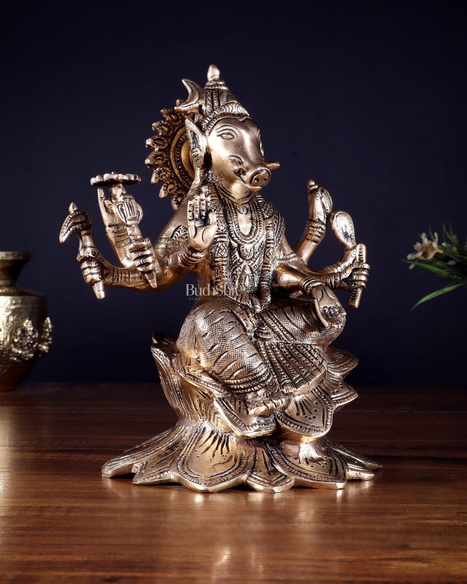 Brass Superfine Goddess Varahi Statue with Fine Carvings – 21.5 cm (8.5 in) - Budhshiv.com