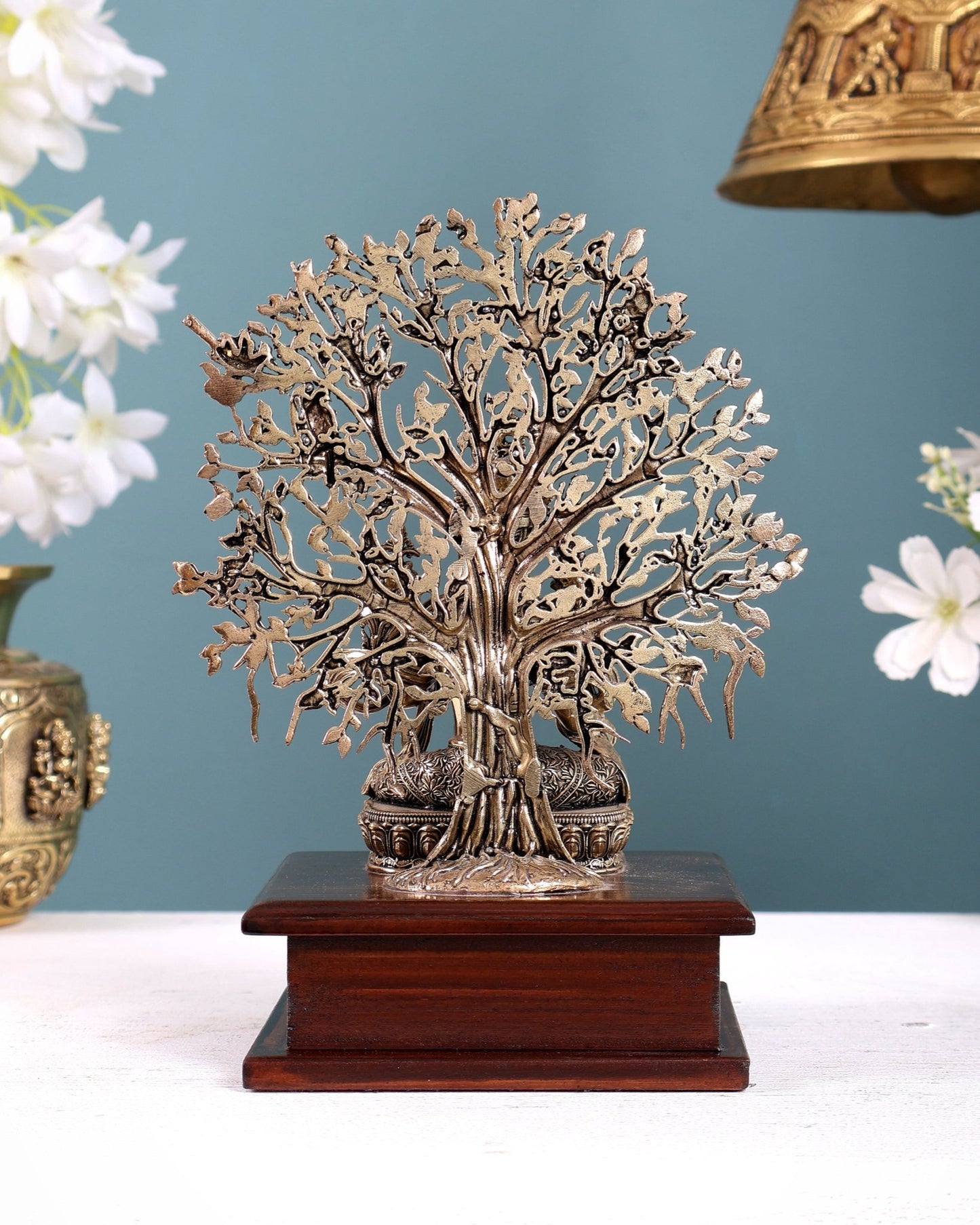 Brass Superfine Green Tara Idol with Bodhi Tree on Wooden Base 7.5" - Budhshiv.com