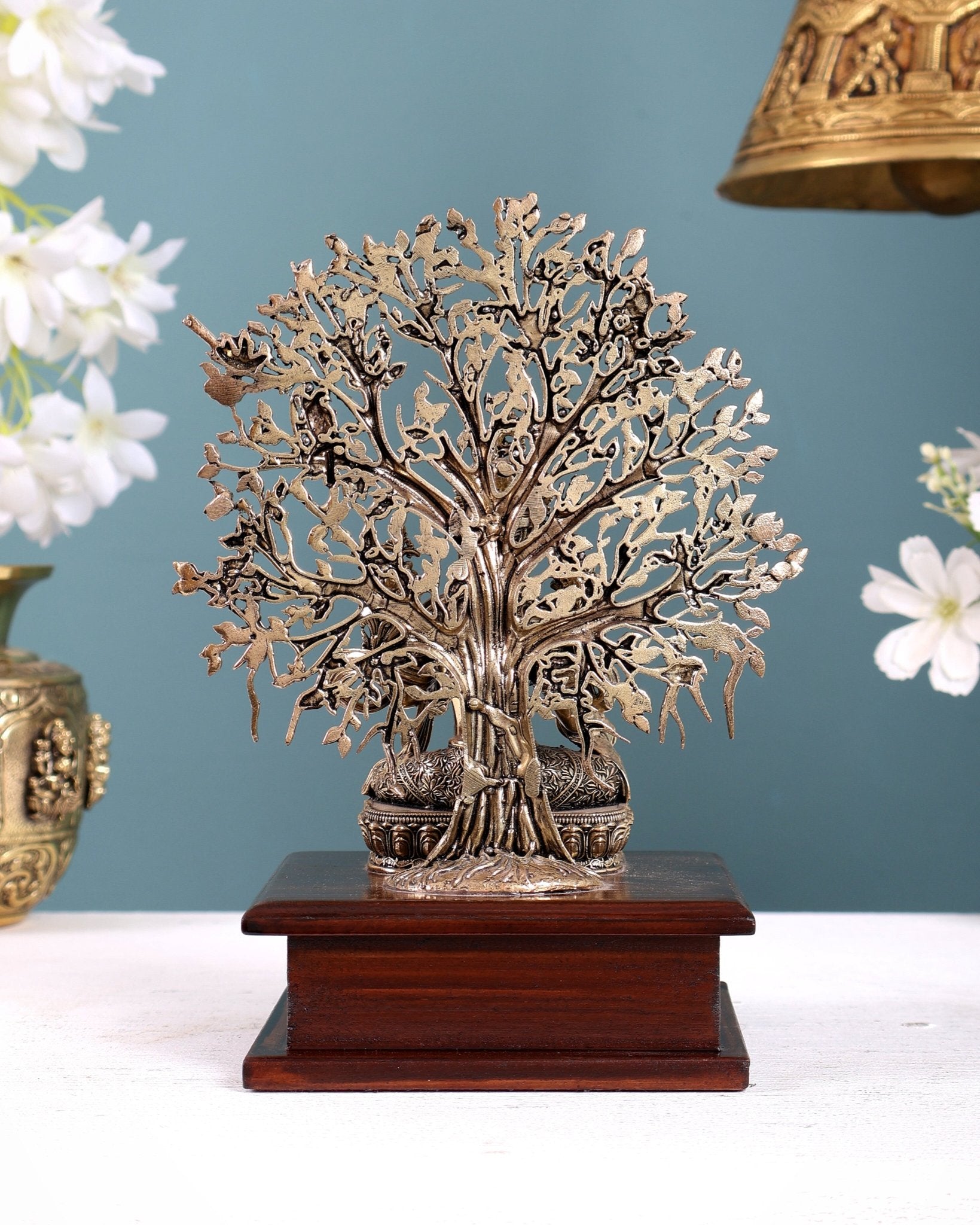 Brass Superfine Green Tara Idol with Bodhi Tree on Wooden Base 7.5" - Budhshiv.com