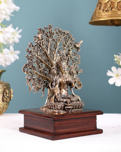 Brass Superfine Green Tara Idol with Bodhi Tree on Wooden Base 7.5" - Budhshiv.com