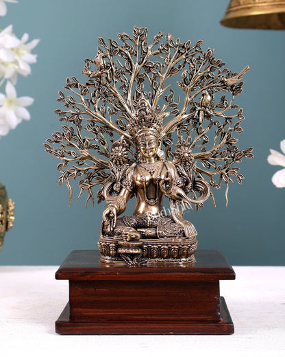 Brass Superfine Green Tara Idol with Bodhi Tree on Wooden Base 7.5" - Budhshiv.com