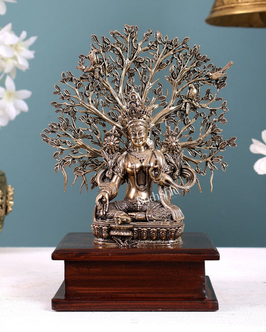 Brass Superfine Green Tara Idol with Bodhi Tree on Wooden Base 7.5" - Budhshiv.com