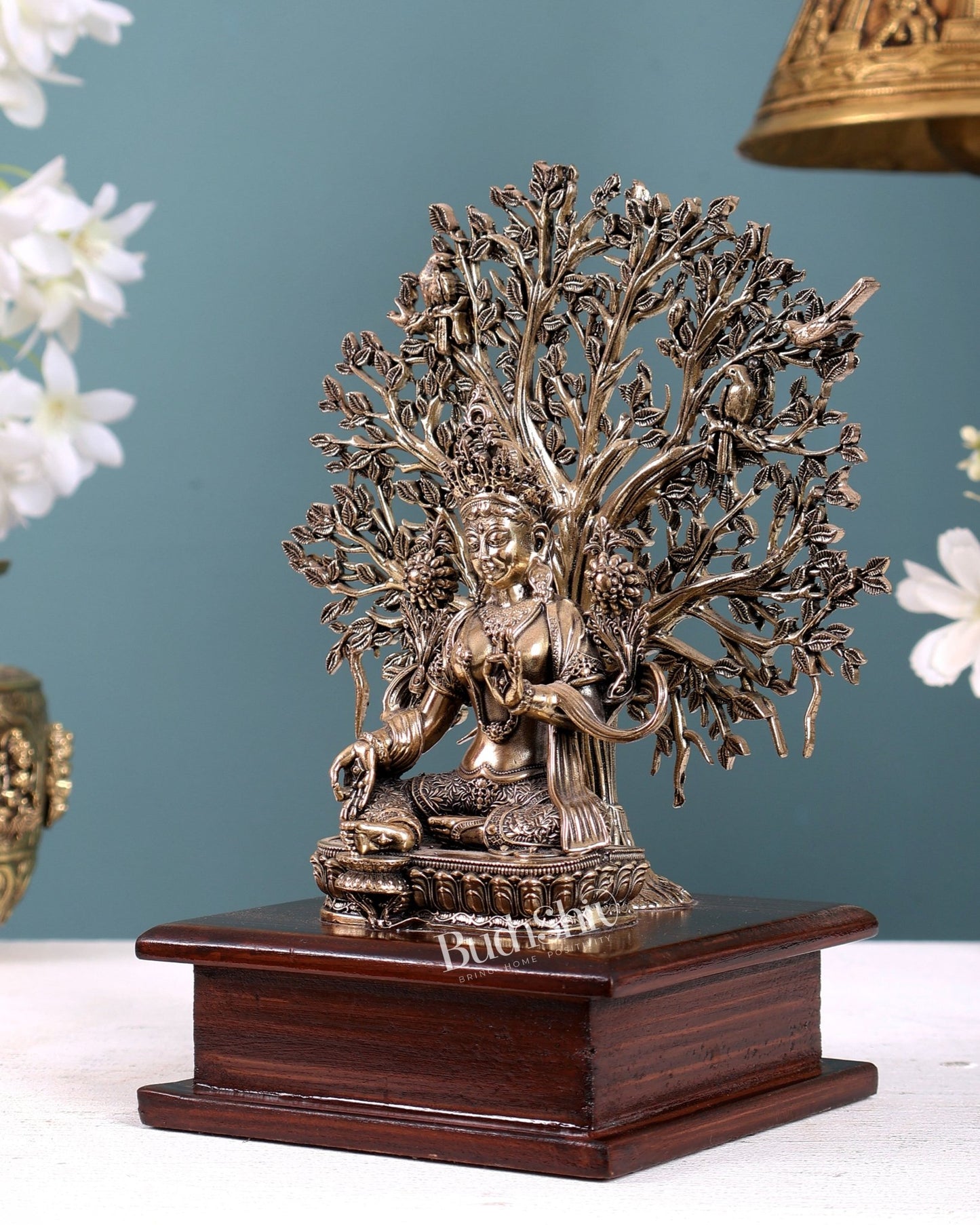 Brass Superfine Green Tara Idol with Bodhi Tree on Wooden Base 7.5" - Budhshiv.com
