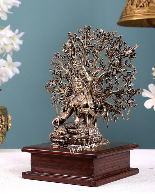 Brass Superfine Green Tara Idol with Bodhi Tree on Wooden Base 7.5" - Budhshiv.com