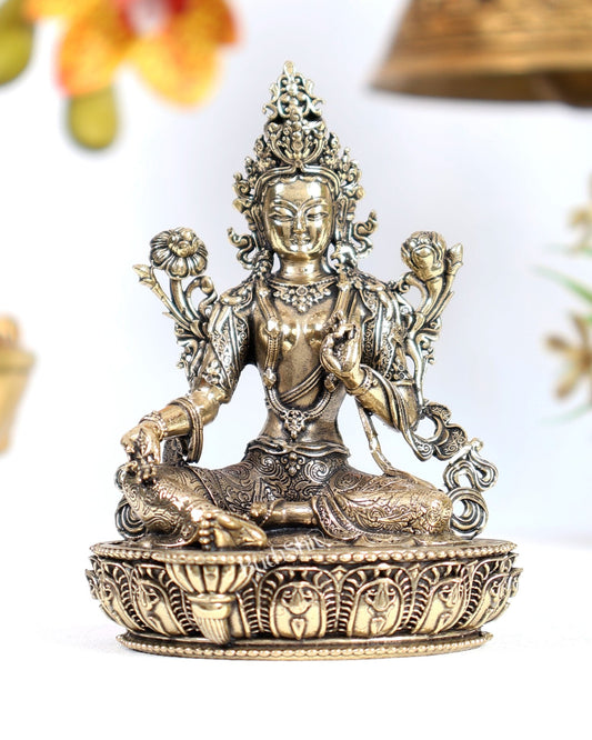 Brass Superfine Green Tara Statue – Highly Detailed Handcrafted Buddhist Idol (6 Inch - Budhshiv.com