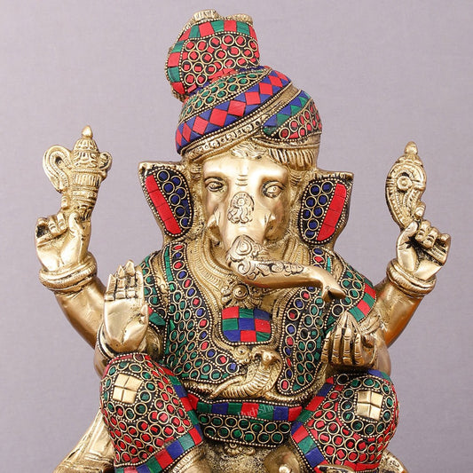 Brass Superfine Handcrafted Lord Ganesha Idol with Pagadi - 11" Meenakari Stonework - Budhshiv.com