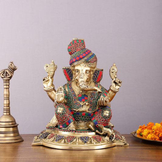 Brass Superfine Handcrafted Lord Ganesha Idol with Pagadi - 11" Meenakari Stonework - Budhshiv.com
