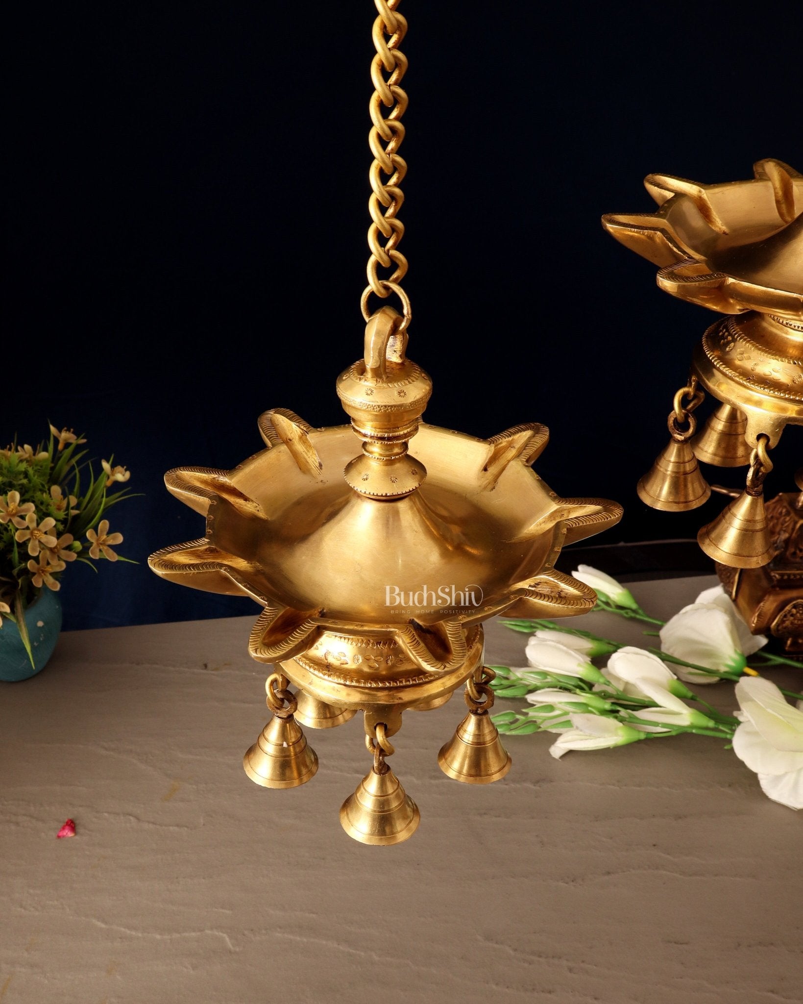 Brass Superfine Hanging Lamp with Bells pair | 26" - Budhshiv.com