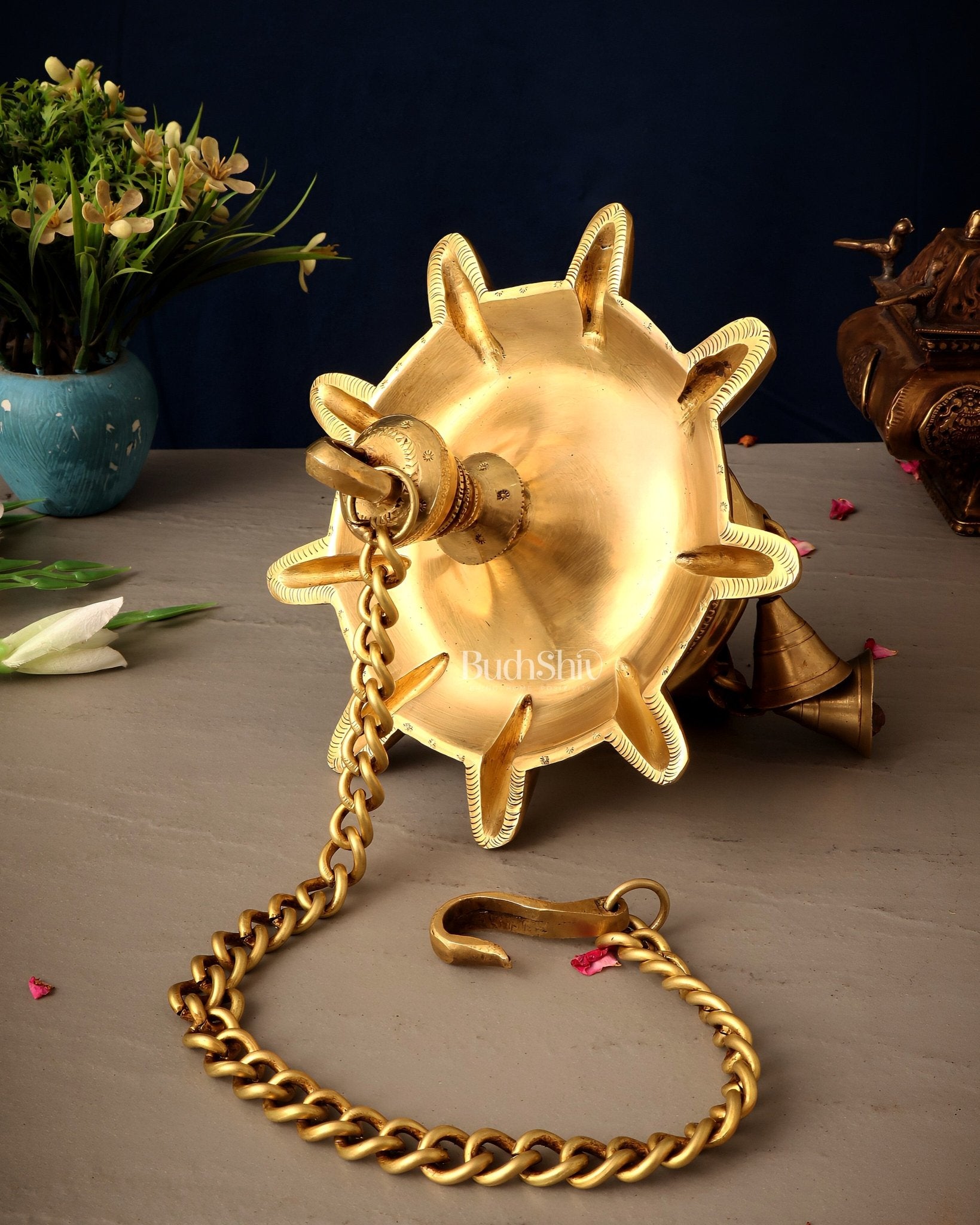 Brass Superfine Hanging Lamp with Bells pair | 26" - Budhshiv.com