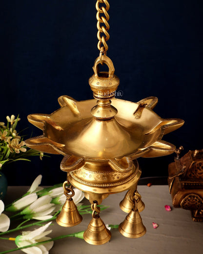 Brass Superfine Hanging Lamp with Bells pair | 26" - Budhshiv.com