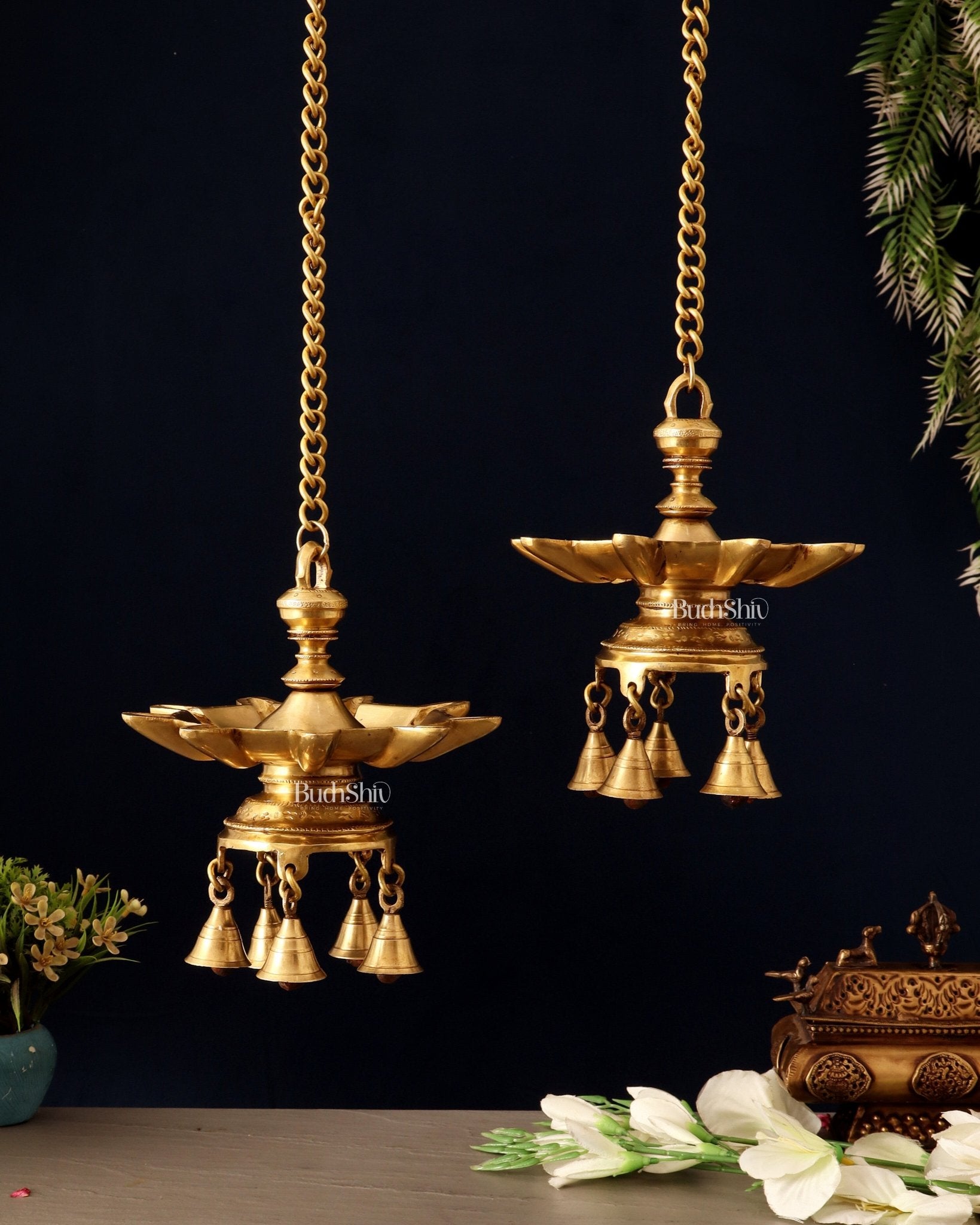 Brass Superfine Hanging Lamp with Bells pair | 26" - Budhshiv.com