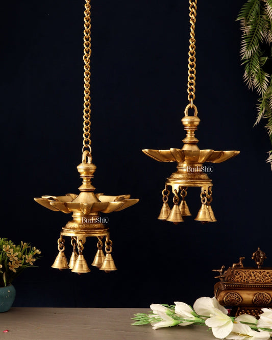 Brass Superfine Hanging Lamp with Bells pair | 26" - Budhshiv.com