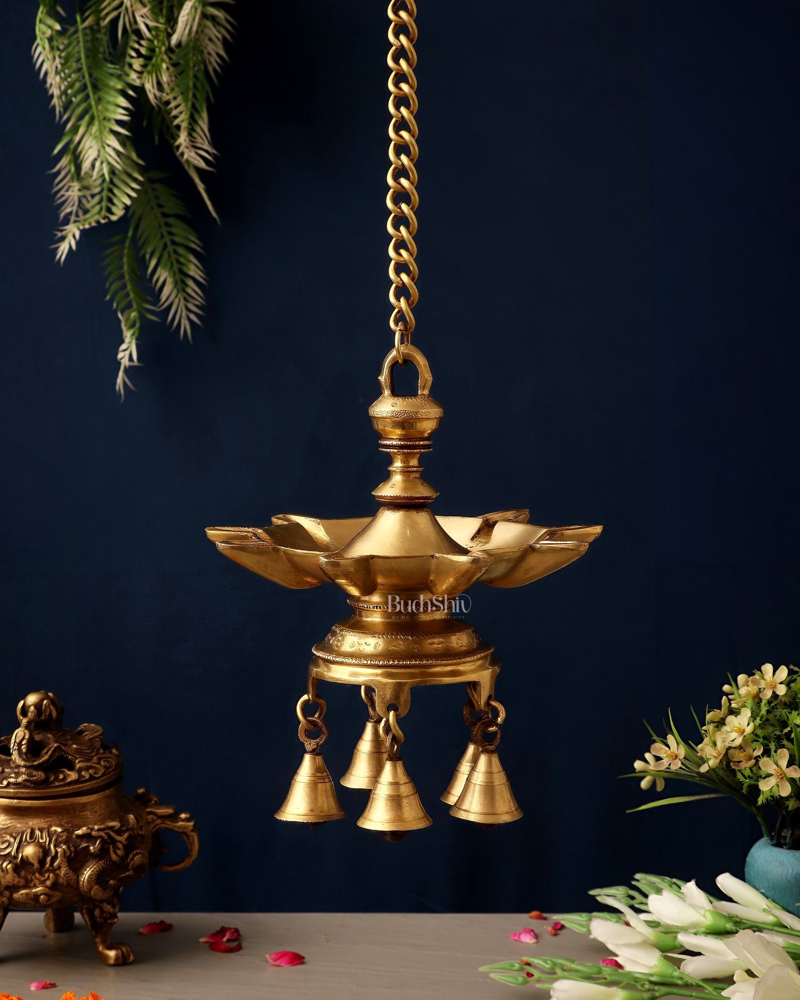 Brass Superfine Hanging Lamp with Bells pair | 26" - Budhshiv.com