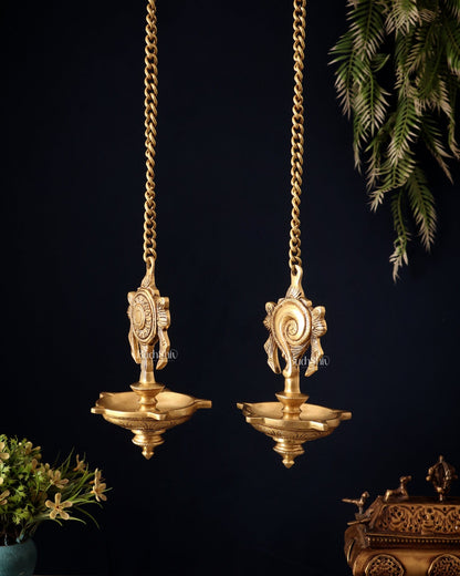 Brass Superfine Hanging Shankh and Chakra Lamps - Budhshiv.com