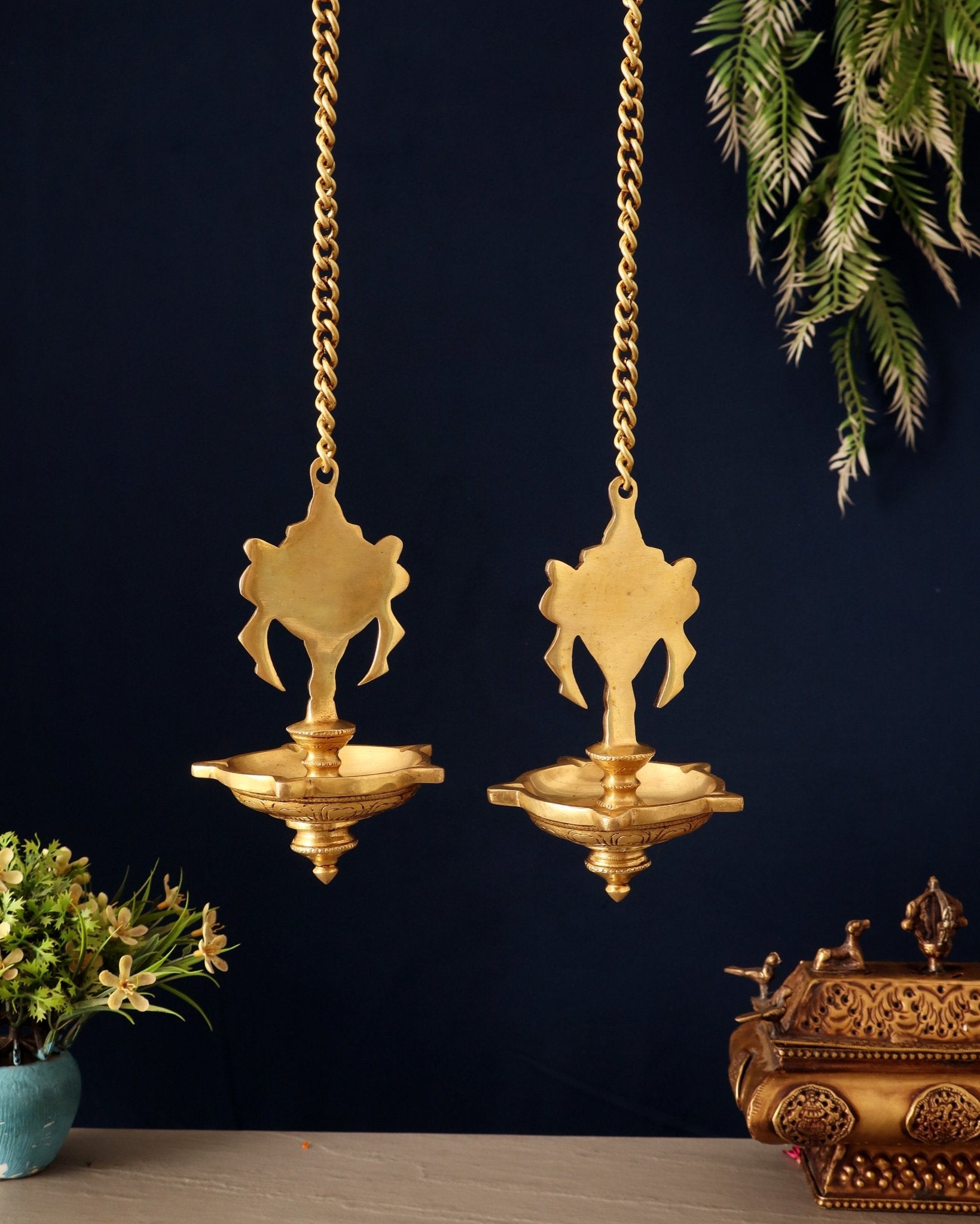 Brass Superfine Hanging Shankh and Chakra Lamps - Budhshiv.com