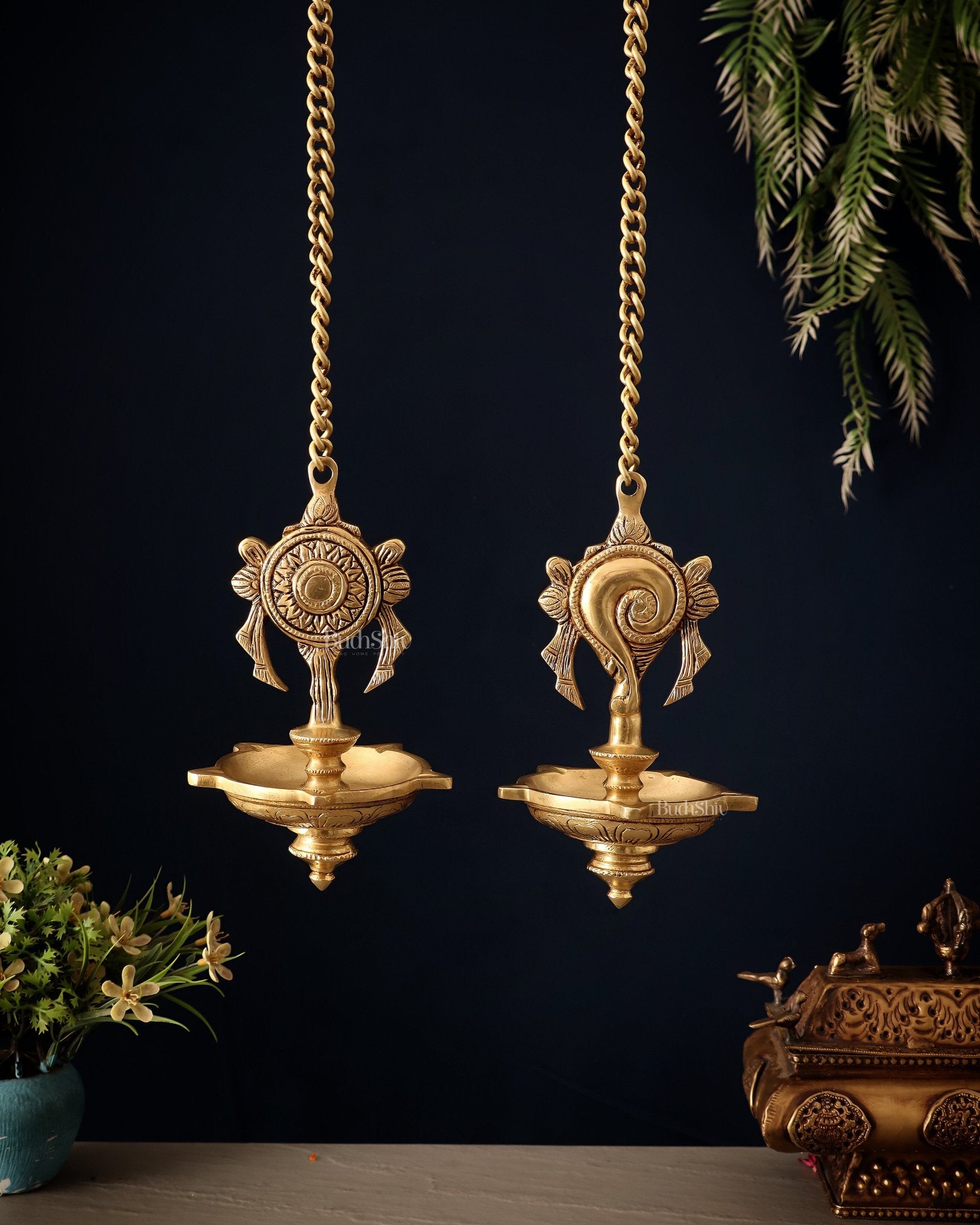 Brass Superfine Hanging Shankh and Chakra Lamps - Budhshiv.com