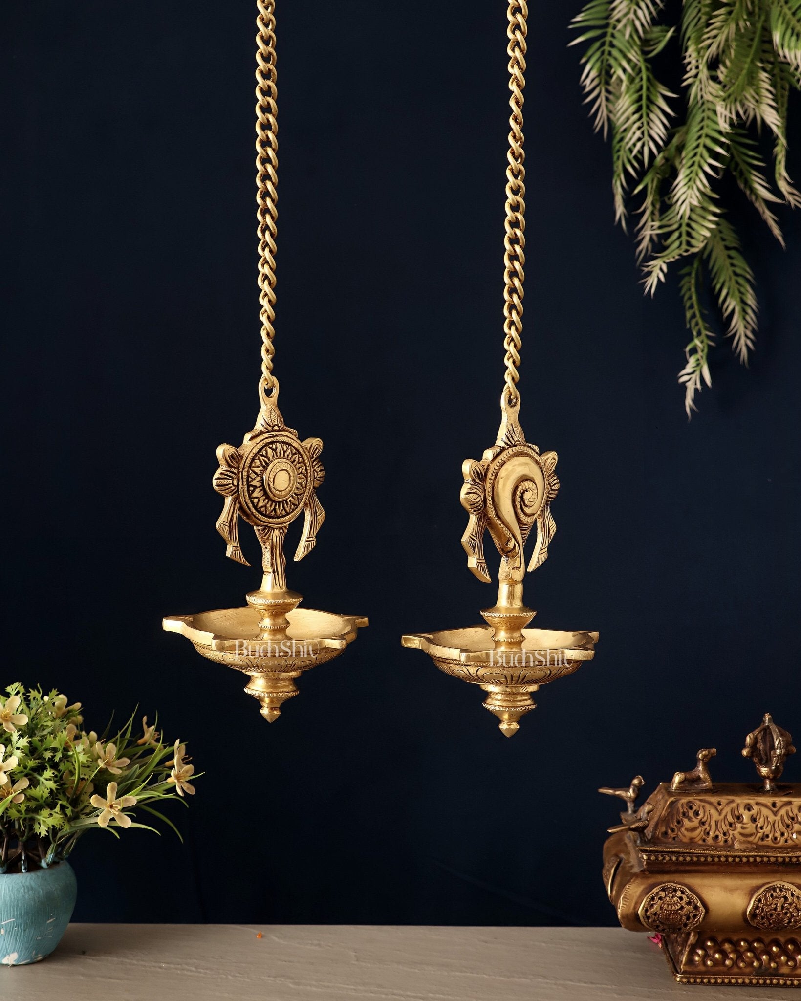 Brass Superfine Hanging Shankh and Chakra Lamps - Budhshiv.com
