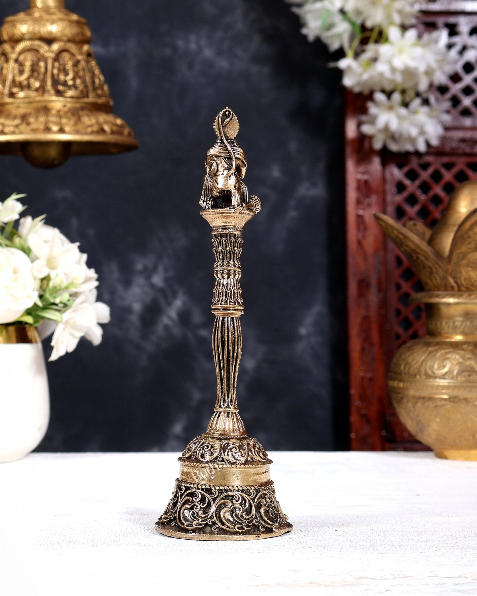 Brass Superfine Hanuman Design Hand Bell | Pure Brass Temple Bell 7 inch - Budhshiv.com