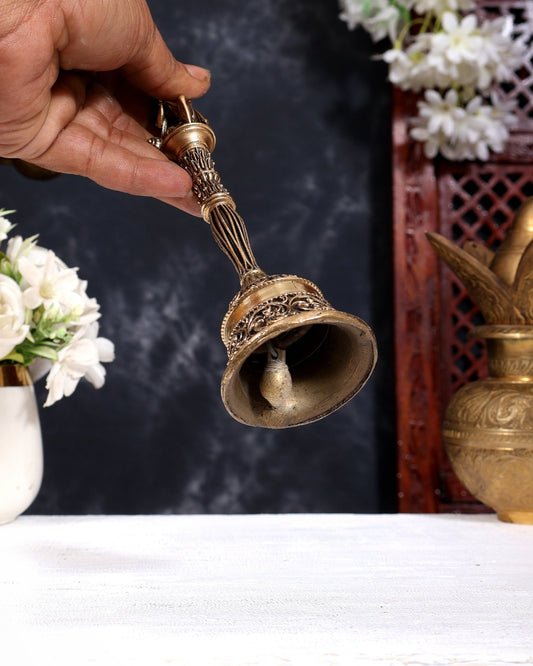 Brass Superfine Hanuman Design Hand Bell | Pure Brass Temple Bell 7 inch - Budhshiv.com