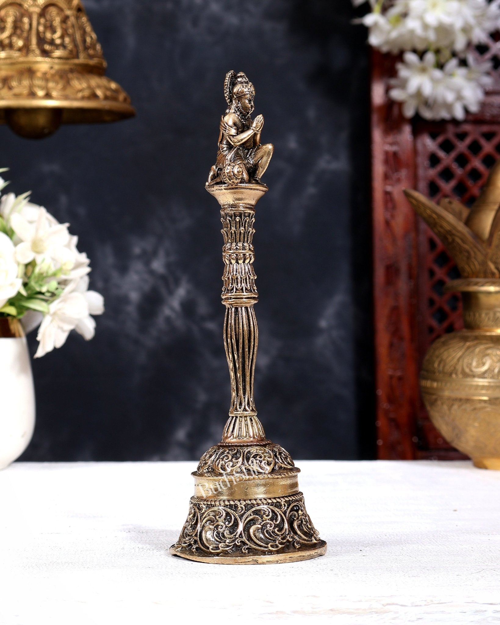 Brass Superfine Hanuman Design Hand Bell | Pure Brass Temple Bell 7 inch - Budhshiv.com