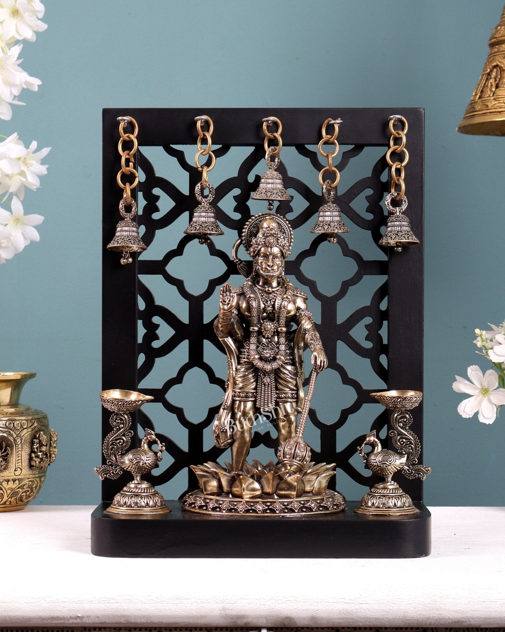 Brass Superfine Hanuman Ji Standing with Annam Diyas & Hanging Bells – MDF Temple Frame 12 inch - Budhshiv.com
