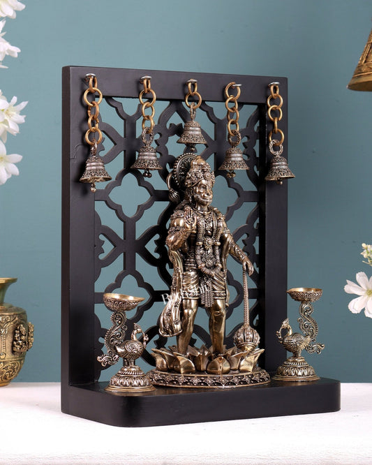 Brass Superfine Hanuman Ji Standing with Annam Diyas & Hanging Bells – MDF Temple Frame 12 inch - Budhshiv.com
