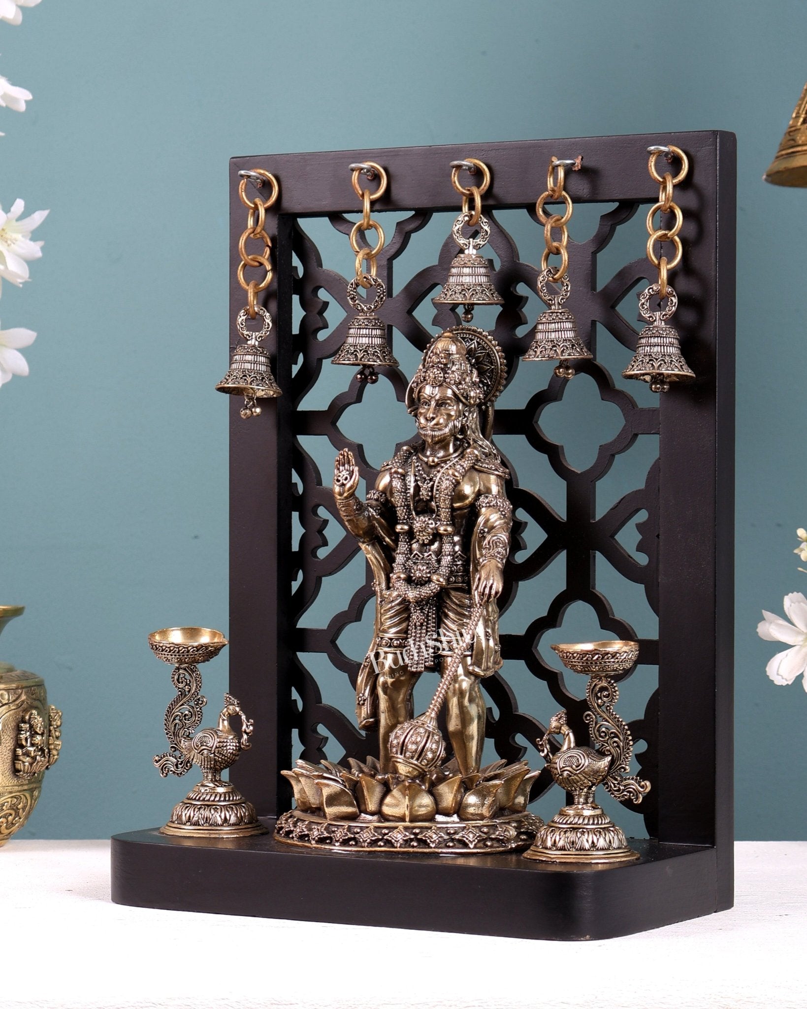 Brass Superfine Hanuman Ji Standing with Annam Diyas & Hanging Bells – MDF Temple Frame 12 inch - Budhshiv.com