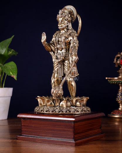 Brass Superfine Hanuman Standing on Lotus – Wooden Base (10.5 Inch) - Budhshiv.com