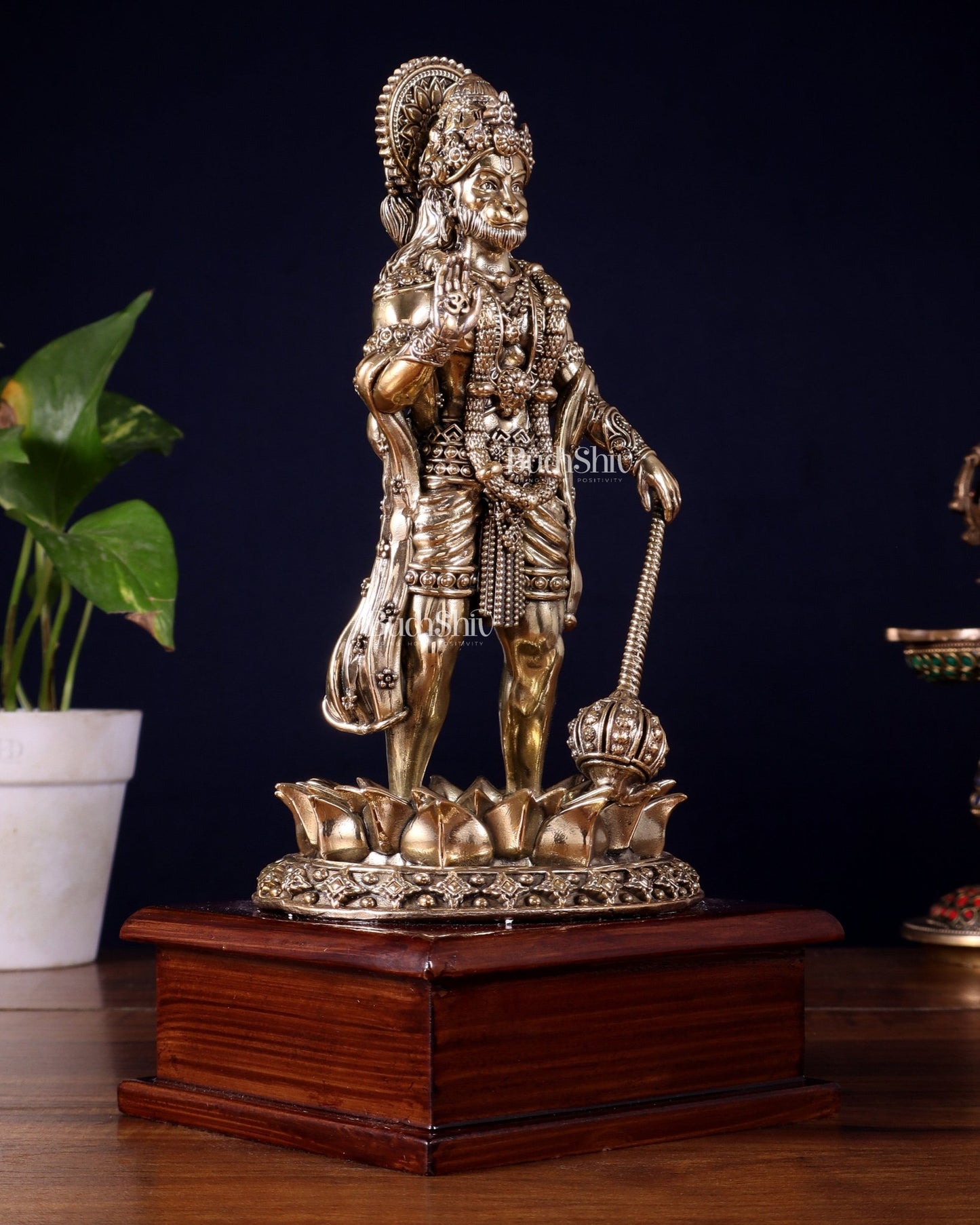 Brass Superfine Hanuman Standing on Lotus – Wooden Base (10.5 Inch) - Budhshiv.com