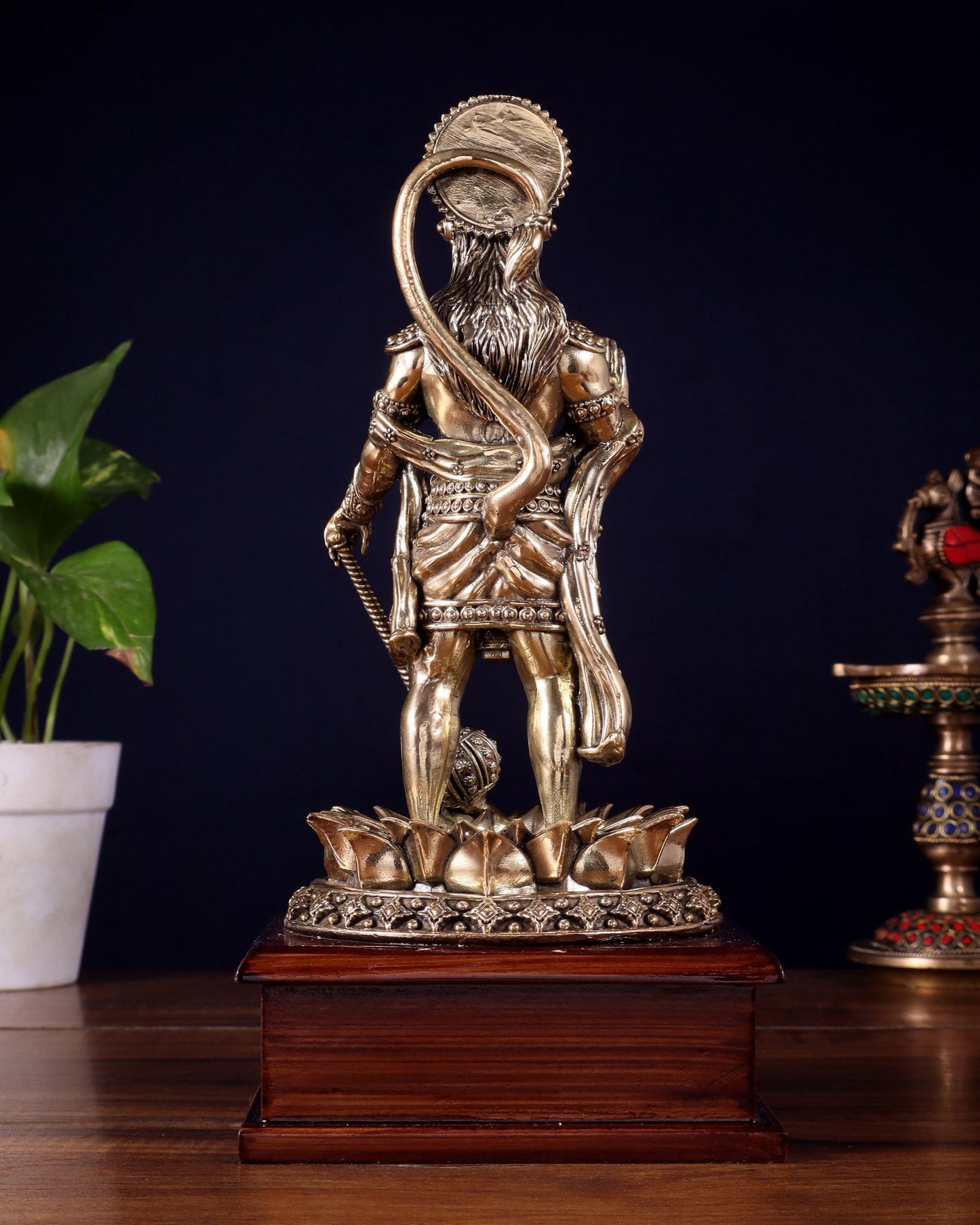 Brass Superfine Hanuman Standing on Lotus – Wooden Base (10.5 Inch) - Budhshiv.com