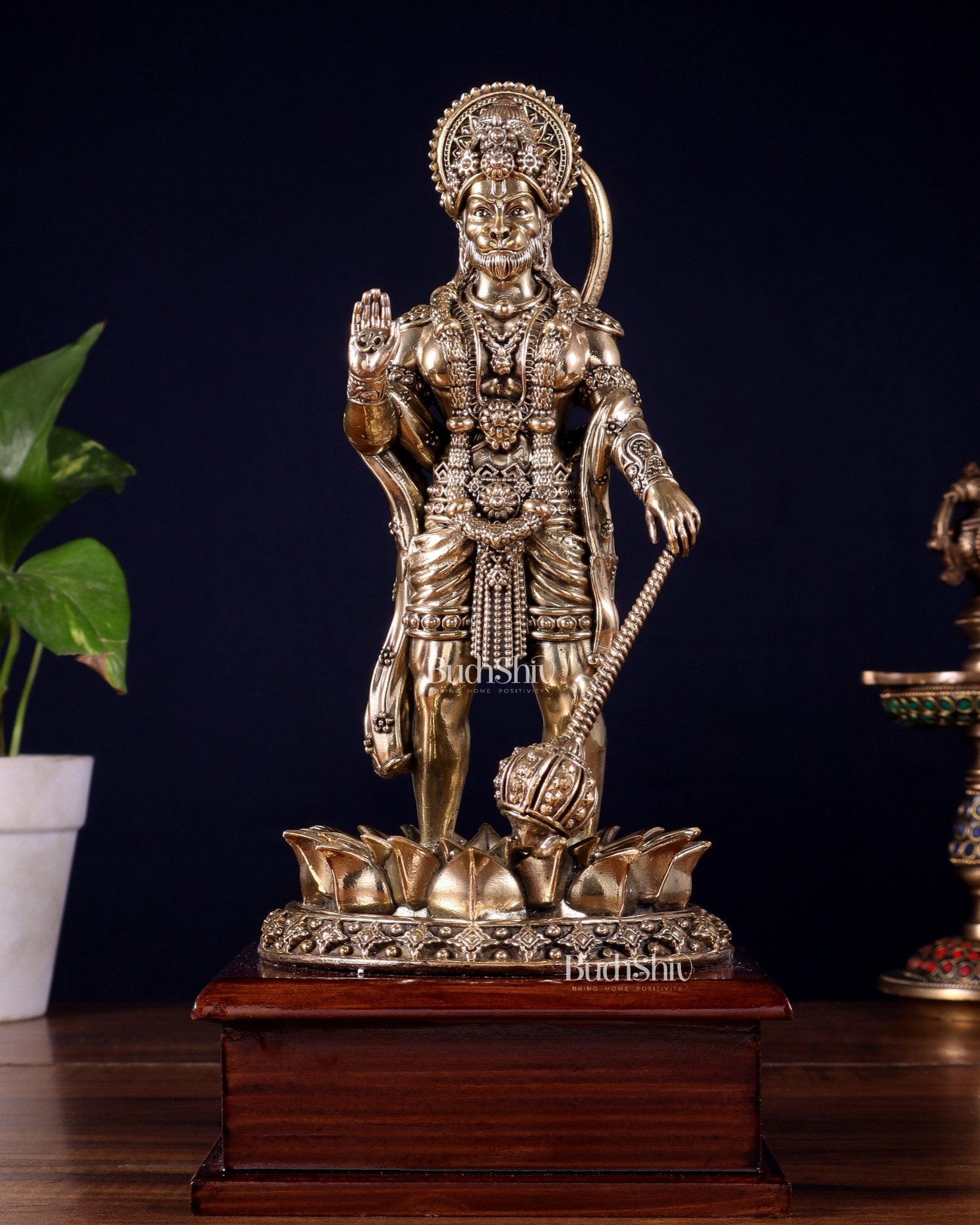 Brass Superfine Hanuman Standing on Lotus – Wooden Base (10.5 Inch) - Budhshiv.com