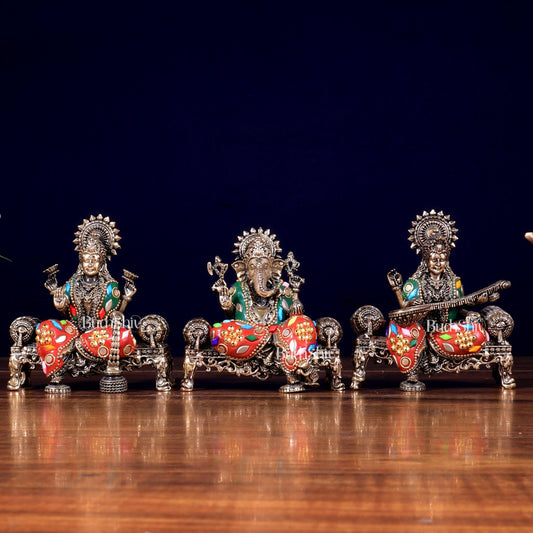 Brass Superfine Intricate Ganesha, Saraswati, Lakshmi with meenakari - Budhshiv.com