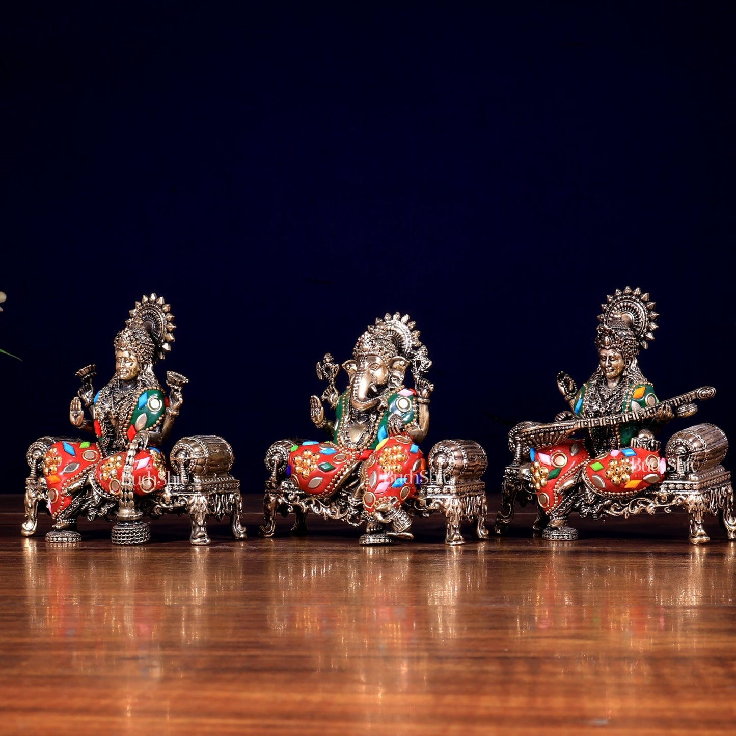 Brass Superfine Intricate Ganesha, Saraswati, Lakshmi with meenakari - Budhshiv.com