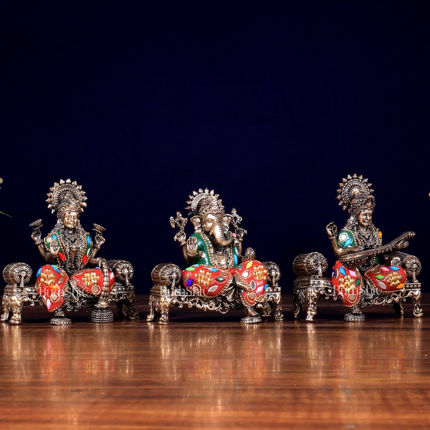 Brass Superfine Intricate Ganesha, Saraswati, Lakshmi with meenakari - Budhshiv.com