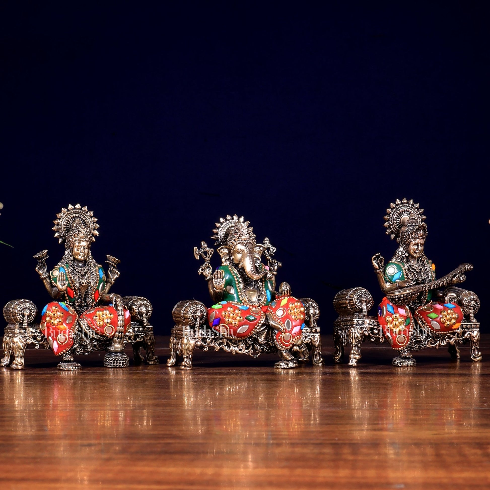 Brass Superfine Intricate Ganesha, Saraswati, Lakshmi with meenakari - Budhshiv.com