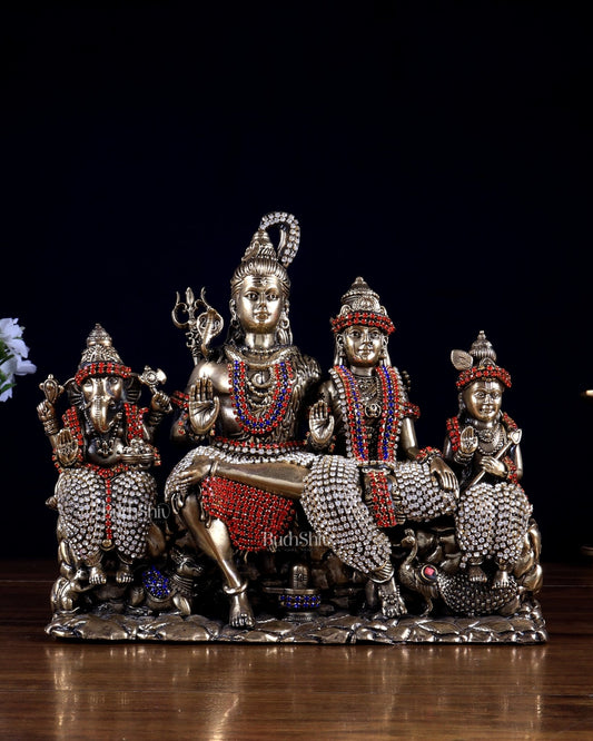 Brass Superfine Intricate Large Shiva Parivar Idol with Nandi, Peacock, Shivling & Mouse 7" with jewel work - Budhshiv.com