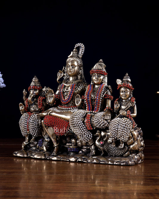 Brass Superfine Intricate Large Shiva Parivar Idol with Nandi, Peacock, Shivling & Mouse 7" with jewel work - Budhshiv.com